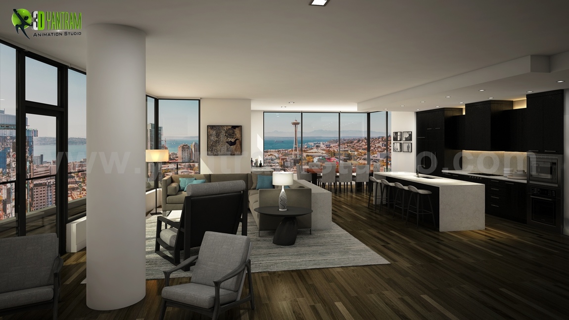 Yantram Studio - Modern 3D Modeling Kitchen & Living Interior Developed by Yantram 3D Animation Studio, Sydney - Australia