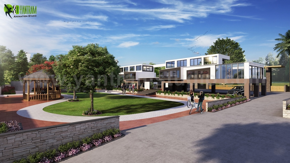 Yantram Studio - 3D Modern Exterior Of Community House Developed by Yantram Architectural Rendering Studio, Bern - UK