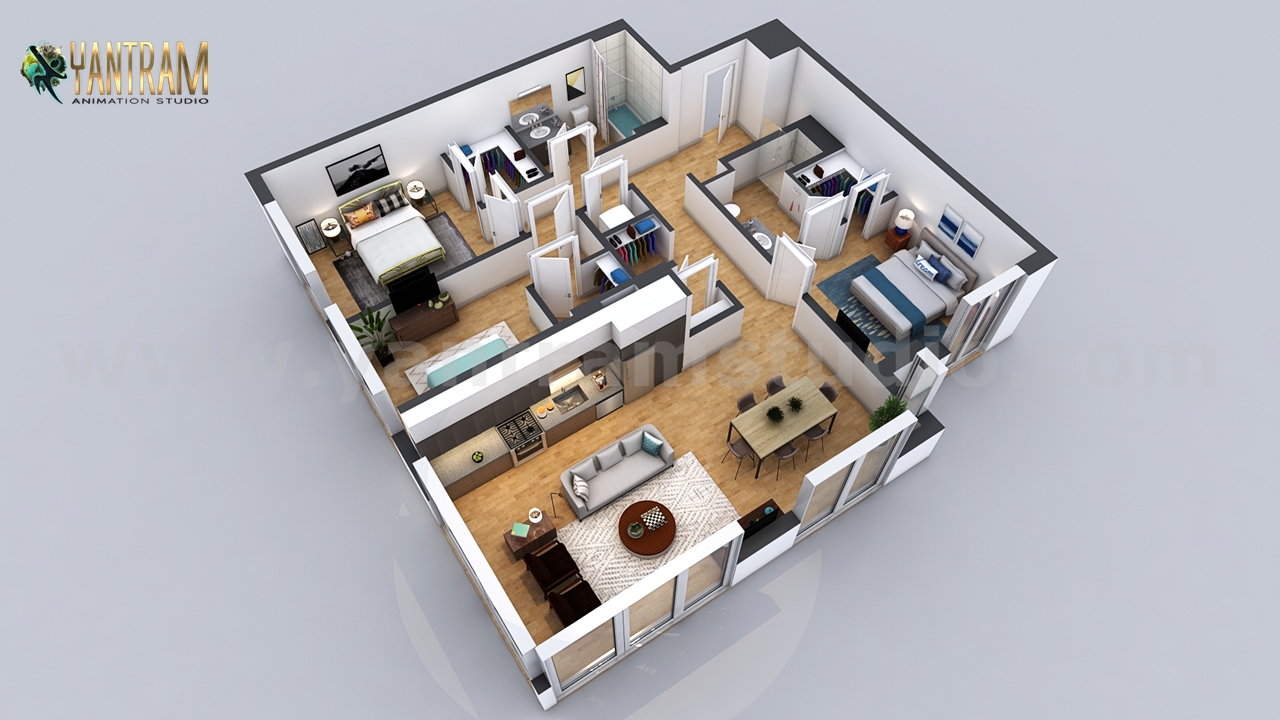 Yantram Studio - Residential 3D Floor Plan with 2 Bedroom Apartment/House Design by Architectural Modeling Firm, Dubai - UAE