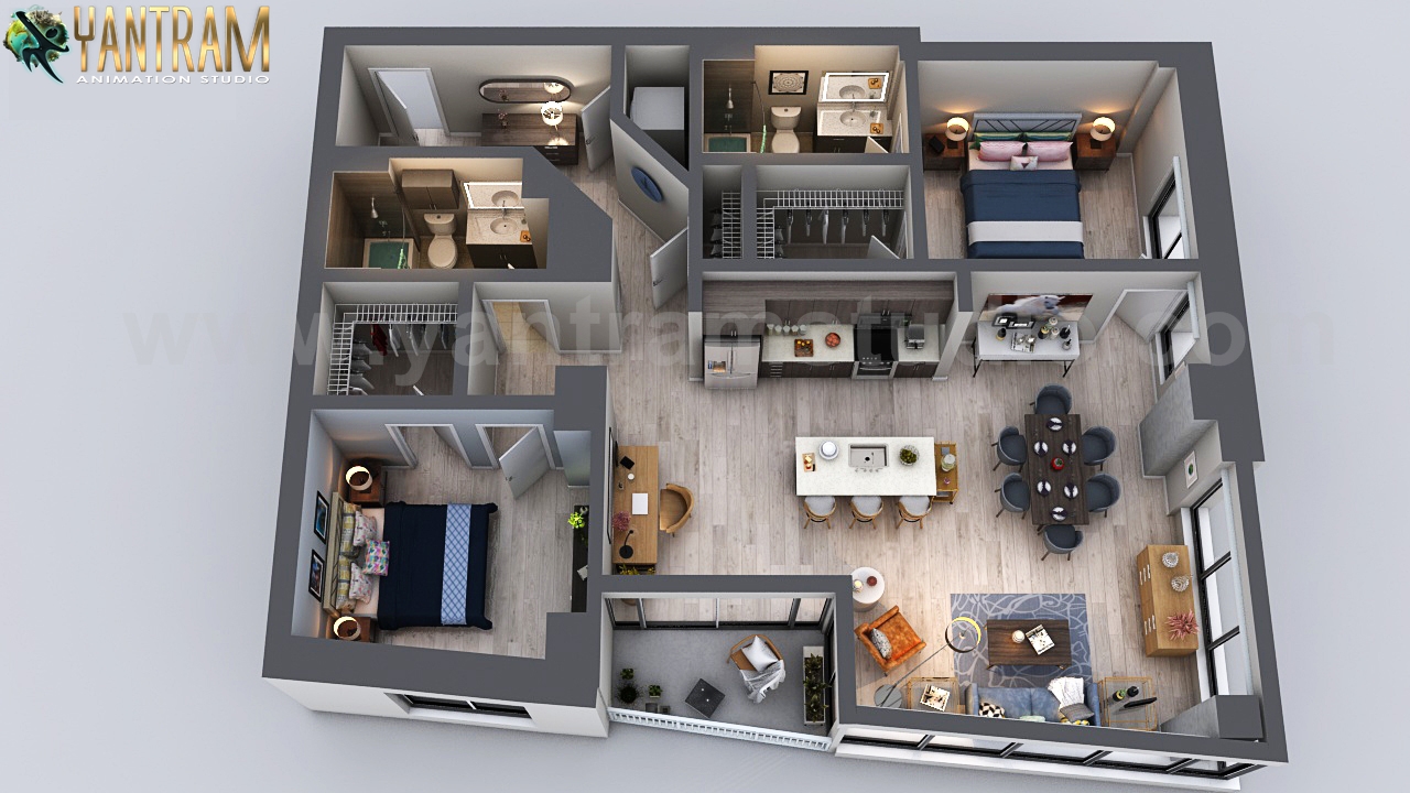 Yantram Studio - 3D Floor Plan Rendering of an Astonishing Apartment in Houston, Texas